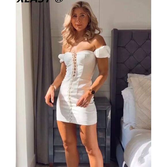 ZARA Off The Shoulder Puff Sleeves Mini Dress With Detail L - Picture 7 of 11